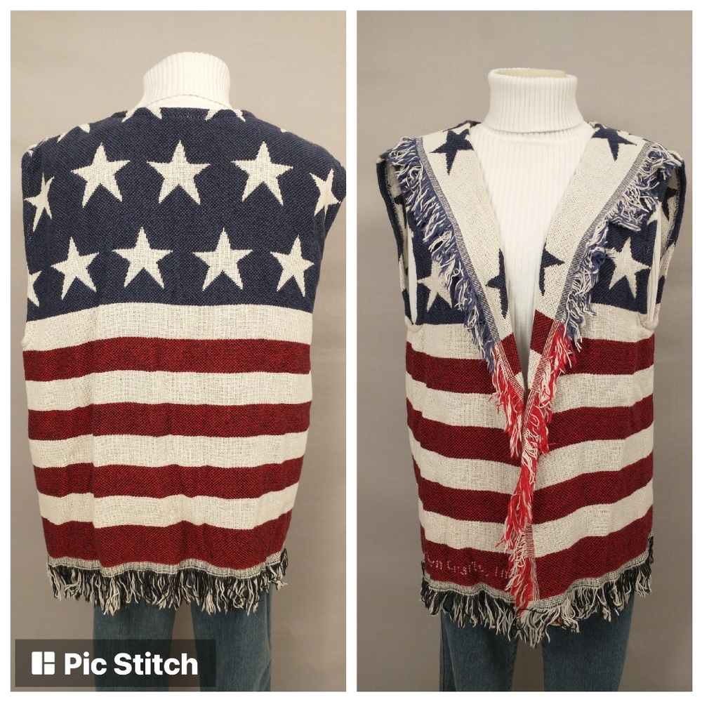 USA Made Patriotic Vest Handwoven Stars & Stripes Flag Red White Blue Cotton OS